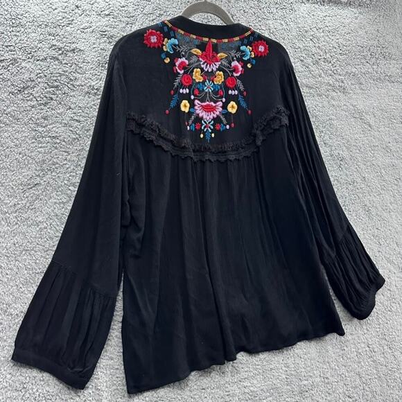 Avani Women's Large Black Long Sleeve Embroidered Tunic Flowy Boho - Picture 12 of 12